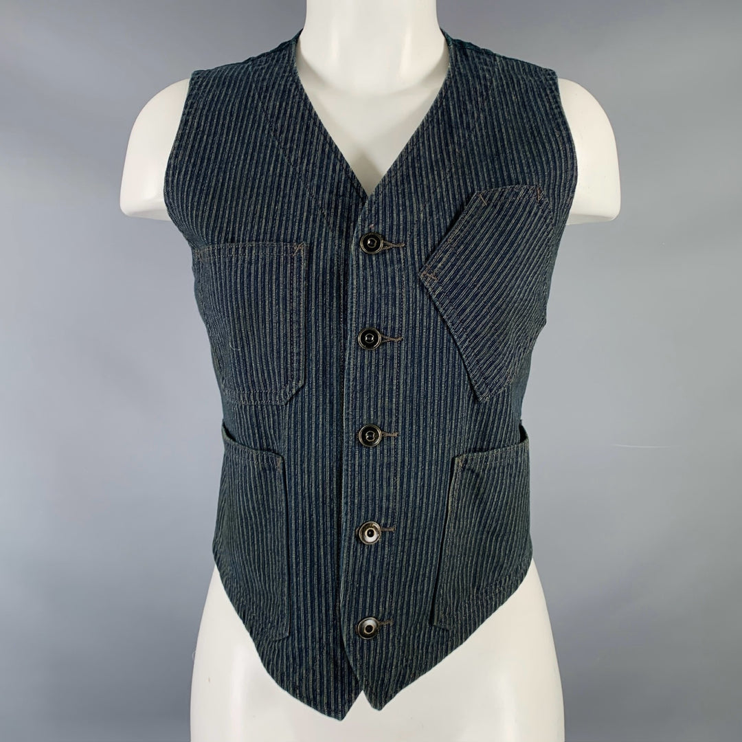 RRL by RALPH LAUREN Size 2 Navy Grey Cotton Stripe Mixed Fabrics Vest