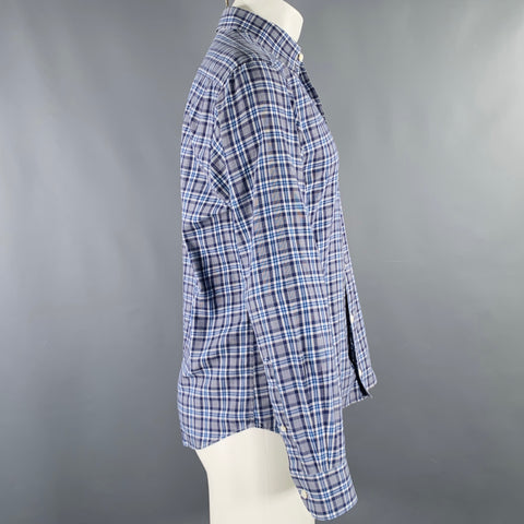 ERMENEGILDO ZEGNA Size M Grey Blue Plaid One Pocket Long Sleeve Shirt