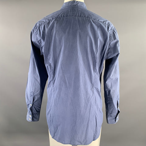 MAN 1924 Size L Blue Solid Cotton Garment Dyed Long Sleeve Shirt