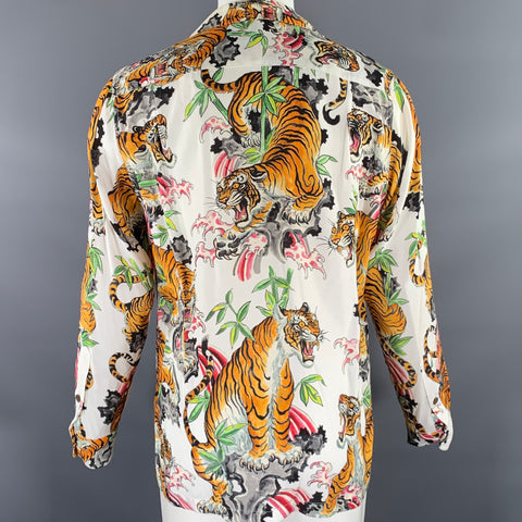 THE GUILTY PARTIES Size M White Multi-Color Tiger Print Rayon Long Sleeve Shirt