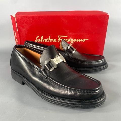 SALVATORE FERRAGAMO Size 9.5 Black Leather Horsebit Loafers