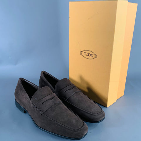 TOD'S Size 11 Dark Brown Suede Penny Loafers