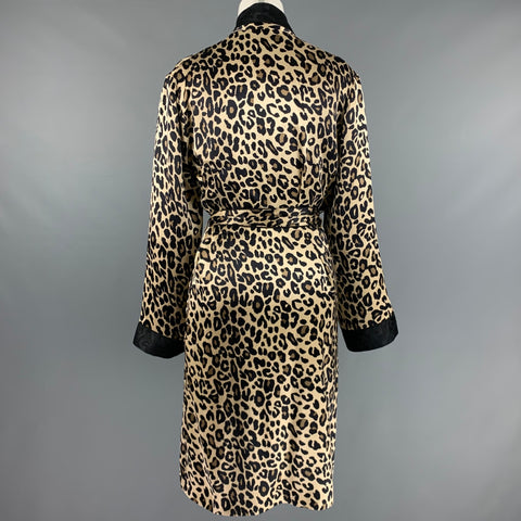 PAUL STUART Size M Black Beige Satin Animal Print Belted Bathrobe