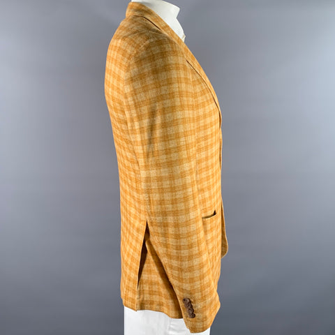 LARDINI Size 42 Orange Tartan Linen Cotton Blend Notch Lapel Sport Coat