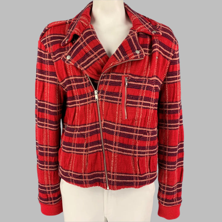 MARC by MARC JACOBS Size XL Red Navy Plaid Wool Biker Jacket