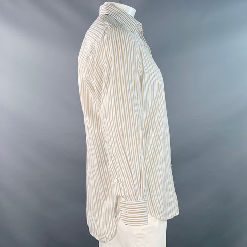 LORO PIANA Size L White Tan Grey Stripe Cotton One Pocket Long Sleeve Shirt