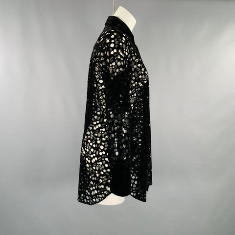 AKRIS Size XS Black Velvet Perforated Hidden Placket Shirt