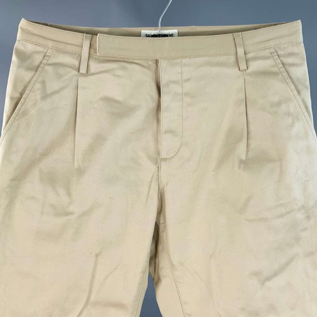 SAINT LAURENT Size 30 Beige Pleated Cotton Blend Pleated Straight Button Fly Casual Pants