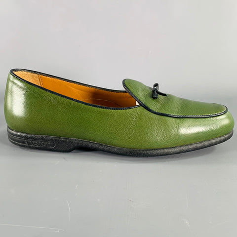 A.TESTONI Size 8 Green Black Contrast Stitch Leather Slip On Loafers