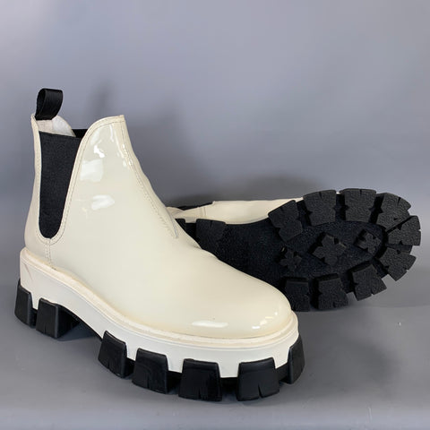 PRADA Size 11 White Leather Patent Leather Pull On Boots
