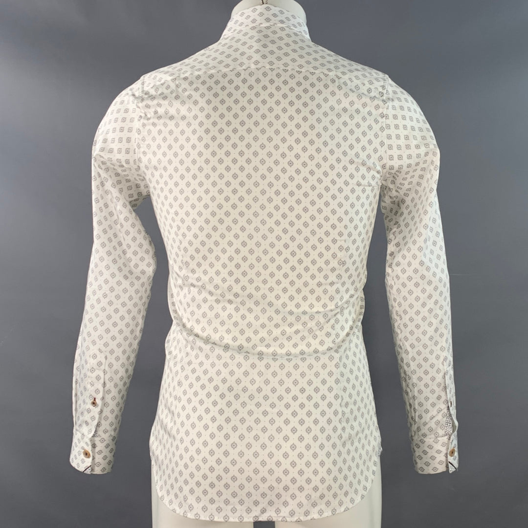 TED BAKER Size XS White Grey Abstract Cotton Spread Collar Long Sleeve Shirt