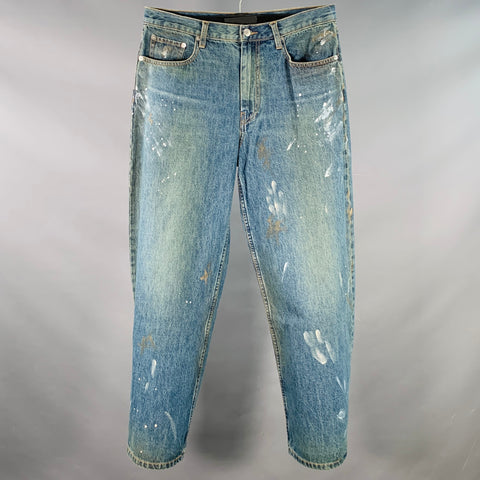 HELMUT LANG Size 32 Cropped Wide Leg Blue Paint Splatter Cotton Adjustable Five Pockets Jeans