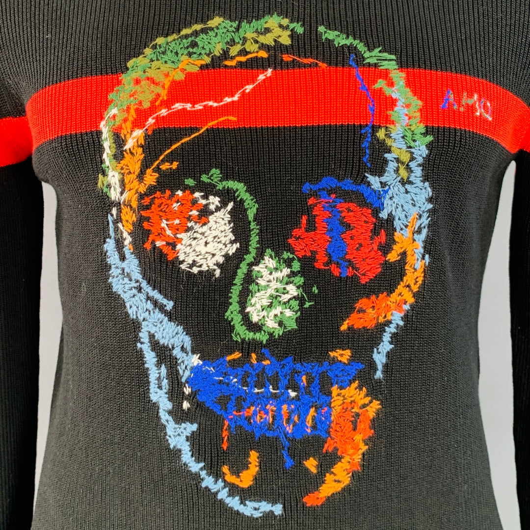 ALEXANDER MCQUEEN 2018 Size L Black Multi Color Embroidery Cotton Crew Neck Sweater
