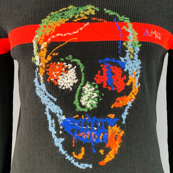 ALEXANDER MCQUEEN 2018 Size L Black Multi Color Embroidery Cotton Crew Neck Sweater