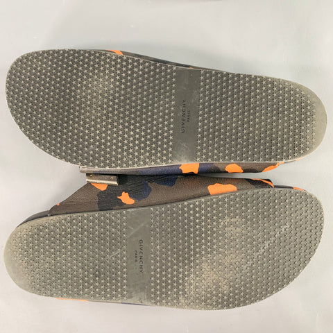 GIVENCHY Size 11 Black Green & Orange Camouflage Leather Slide Sandals