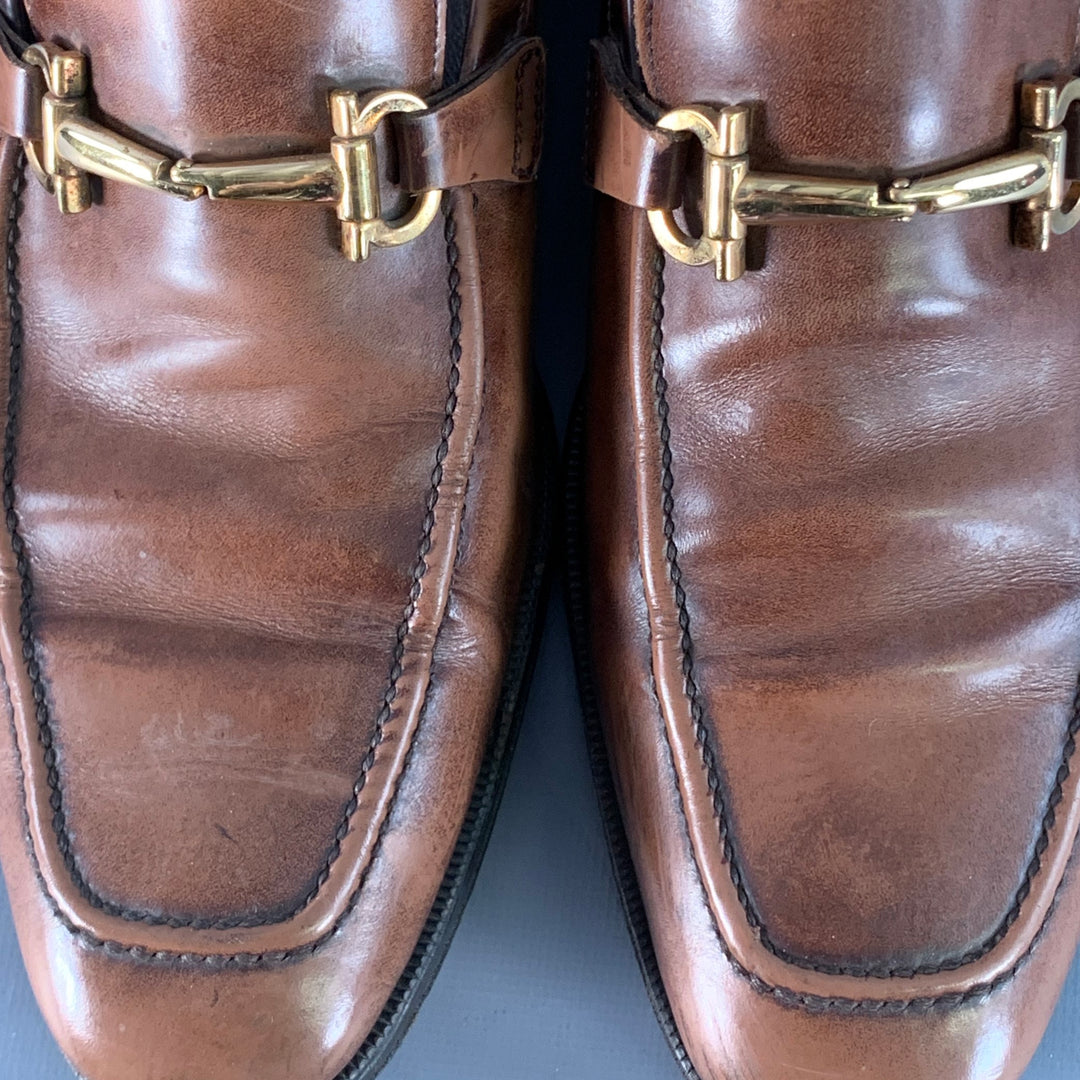 SALVATORE FERRAGAMO Size 7 Brown Gold Leather Horsebit Loafers