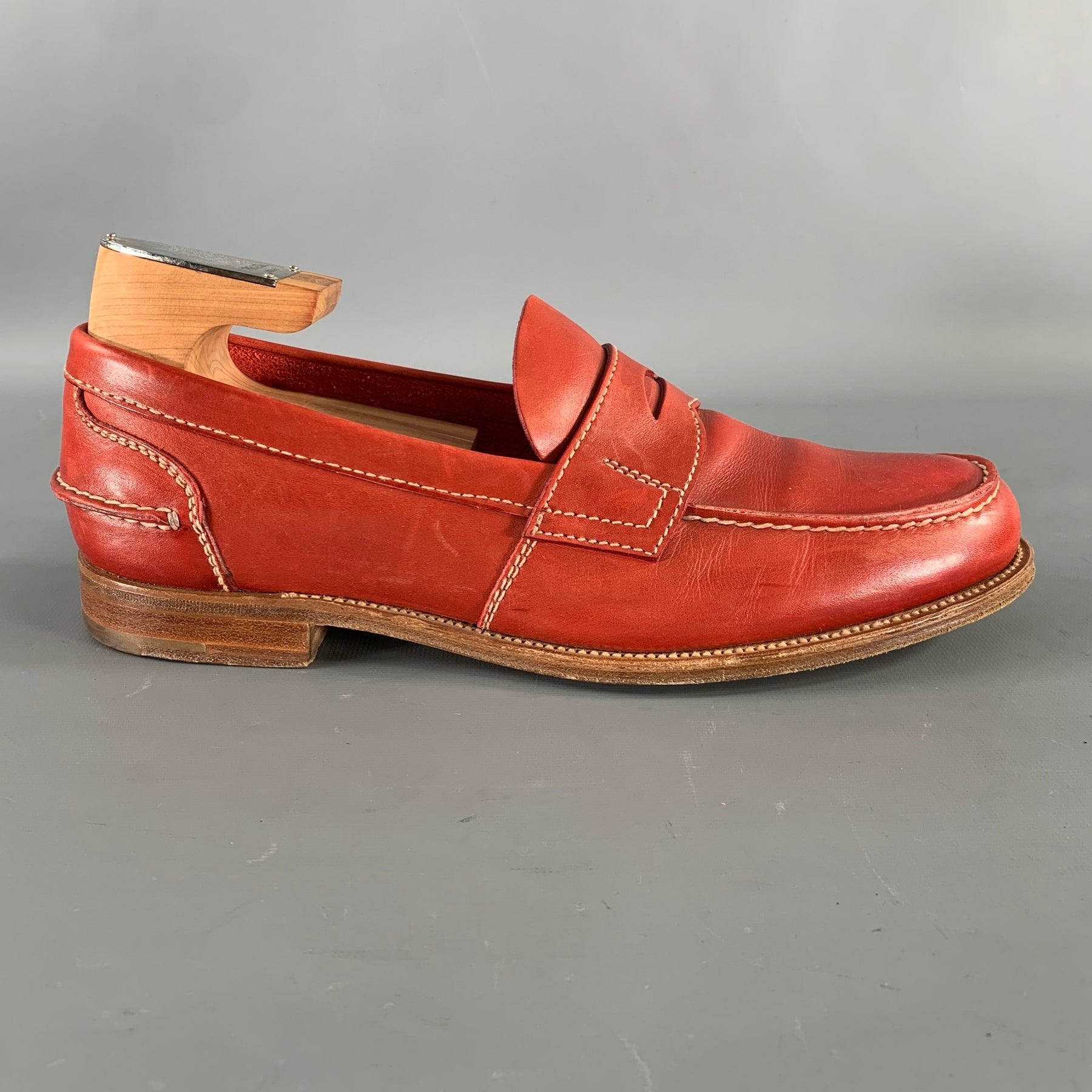 Size 8 Vintage Prada Orange Mens Made in Italy Slip On Leather Penny Loafers PRADA Size 9 Orange Stitched Leather Penny Loafers – Sui  main image 2