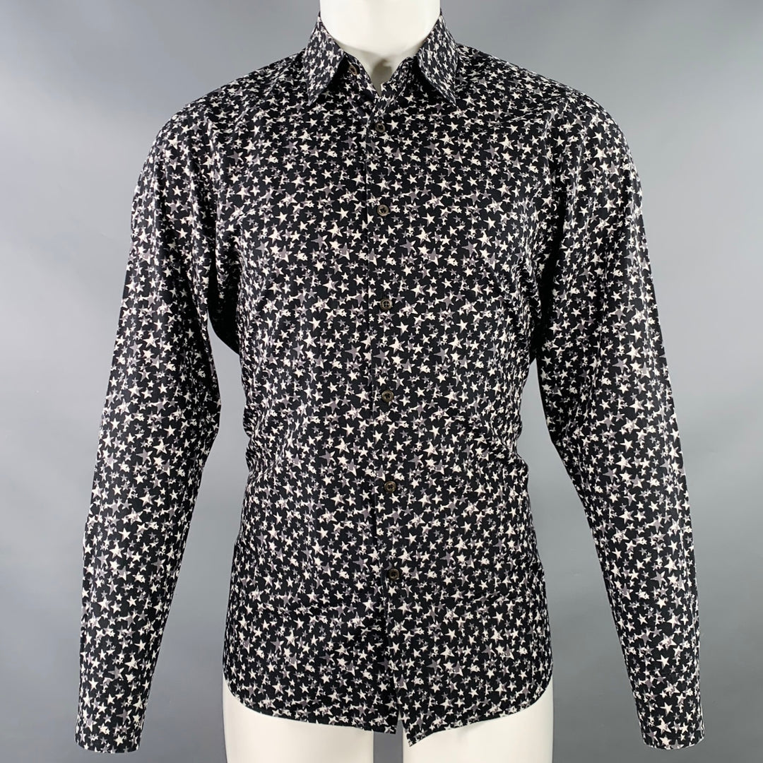 PRADA Size S Black White Grey Stars Cotton Button Up Long Sleeve Shirt