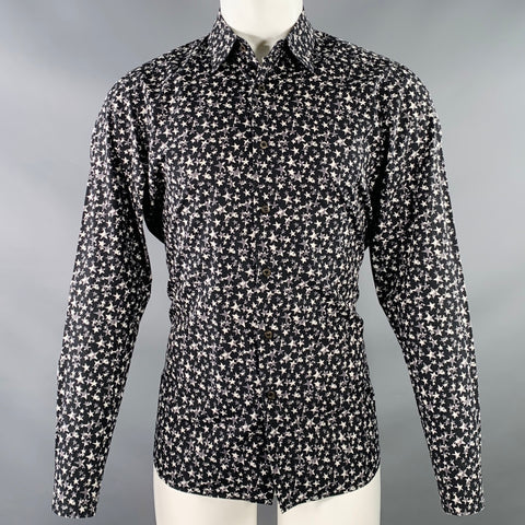 PRADA Size S Black White Grey Stars Cotton Button Up Long Sleeve Shirt