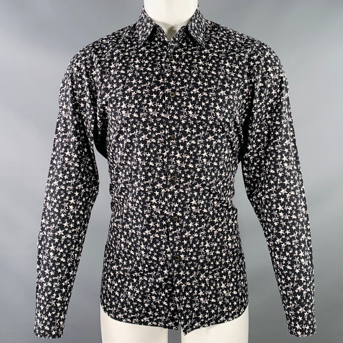 PRADA Size S Black White Grey Stars Cotton Button Up Long Sleeve Shirt