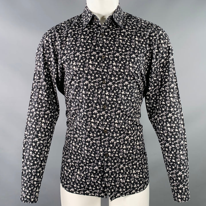PRADA Size S Black White Grey Stars Cotton Button Up Long Sleeve Shirt