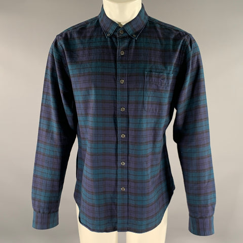 TODD SNYDER Size L Blue Green Black Tartan Cotton Long Sleeve Oxford Shirt