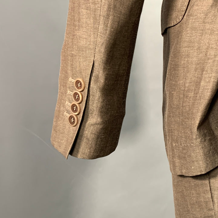 BRUNELLO CUCINELLI Size 38 Brown Herringbone Linen Wool Silk Peak Lapel Suit