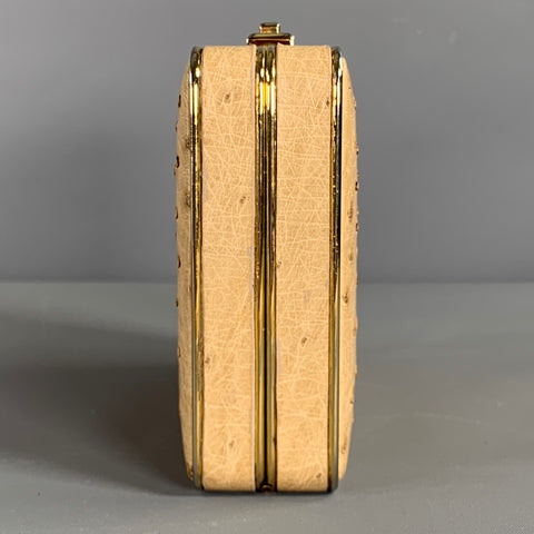 LORENZI Beige Gold Ostrich Leather Clutch Handbag