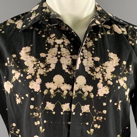 GIVENCHY Size S Black Rose Green Floral Cotton Long Sleeve Shirt