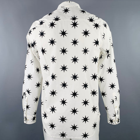 MOSCHINO Size L White Black Stars Cotton Button Up Long Sleeve Shirt
