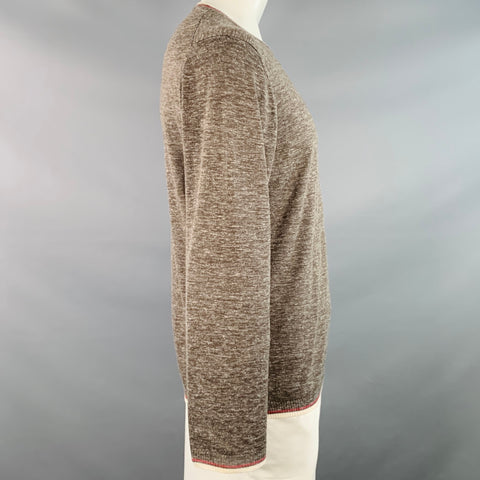 KITON Size XL Heather Brown Cream Red Silk Linen Contrast Trim Crew Neck Pullover