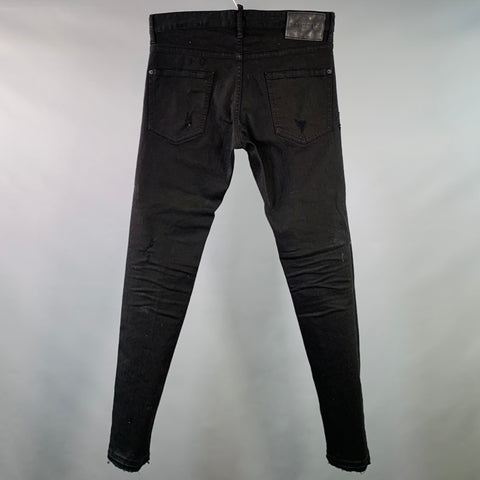DSQUARED2 Size 32 Black Distressed Cotton Blend Slim Cut Button Fly Jeans