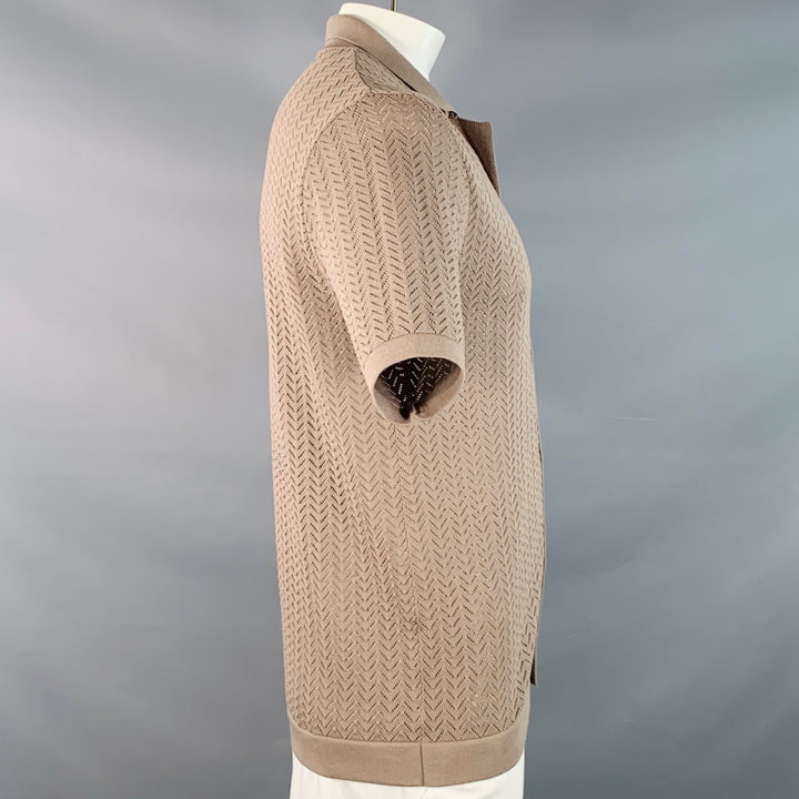 RAITH Size XL Tan Chevron Viscose Blend Knit Camp Short Sleeve Shirt