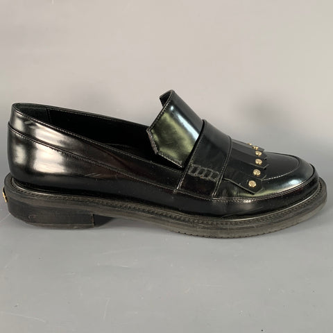 APERLAI Size 7.5 Black Silver Studded Patent Leather Fringed Moccasin Flats