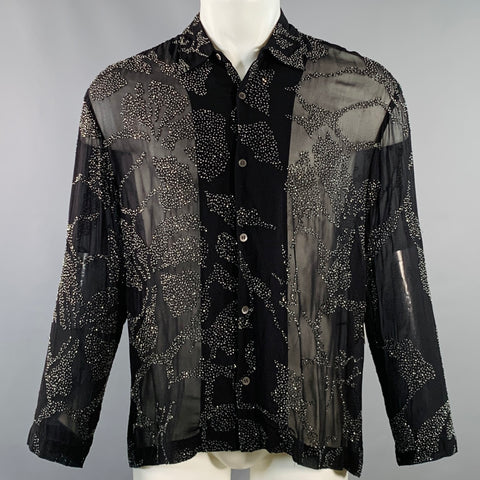 DRIES VAN NOTEN Size S Black Sheer Beaded Hibiscus Floral Viscose Long Sleeve Shirt