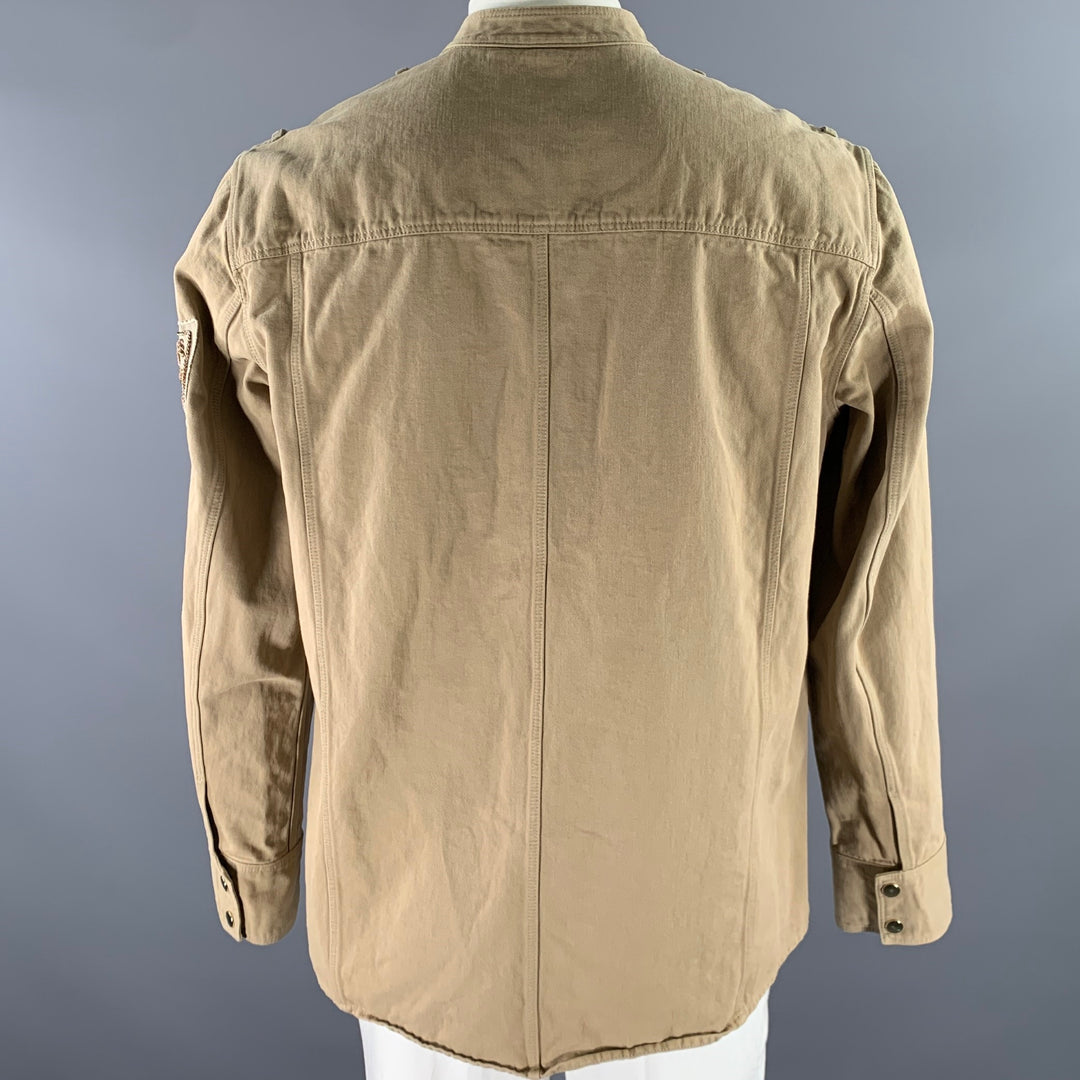BALMAIN Size XL Khaki Arm Patch Cotton Band Collar Jacket
