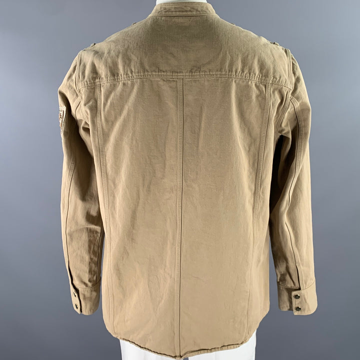 BALMAIN Size XL Khaki Arm Patch Cotton Band Collar Jacket