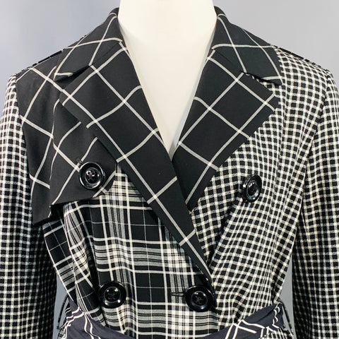 ALICE + OLIVIA Size L Black White Polyester Blend Plaid Double Breasted Belted Trenchcoat