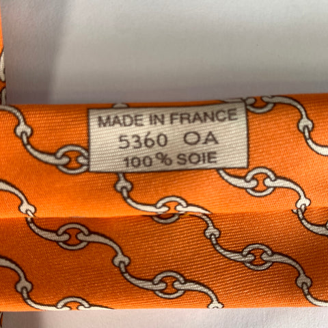 HERMES Orange White Chain Link Silk Tie