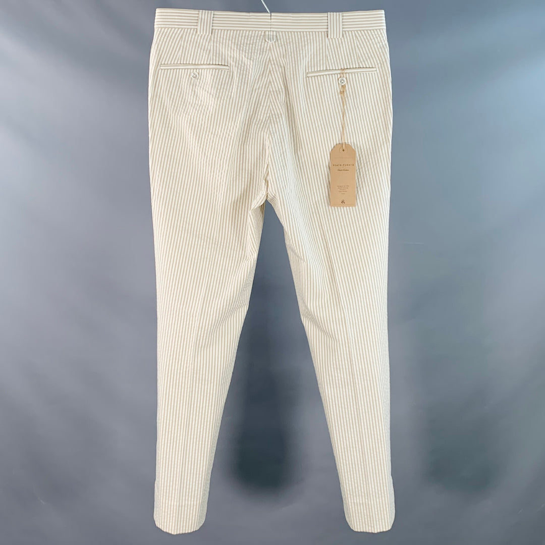 BLACK FLEECE Size 35 Beige White Stripe Cotton Seersucker Button Fly Casual Pants