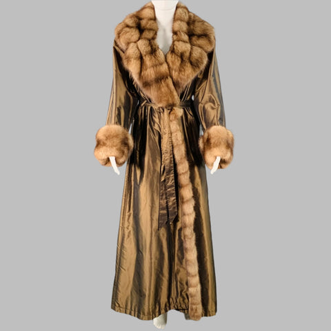 MAXIMILIAN MEERSTEIN Size 8 Brown Gold Silk Fur Trim Belted Coat