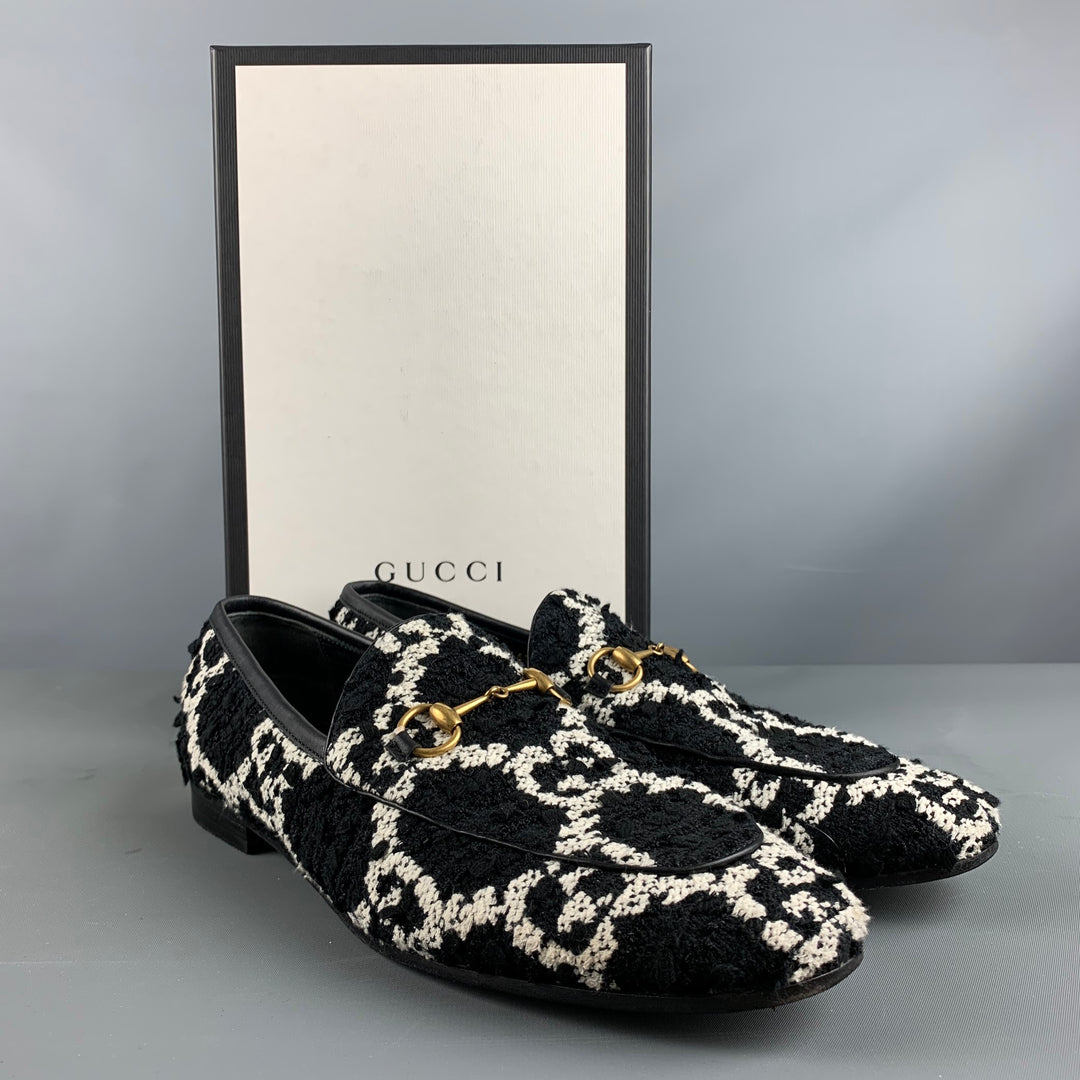 GUCCI Talla 11.5 Zapatos planos sin cordones de cuero con monograma de tweed blanco y negro