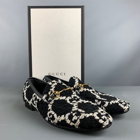GUCCI Size 11.5 Black White Tweed Monogram Leather Slip On Flats