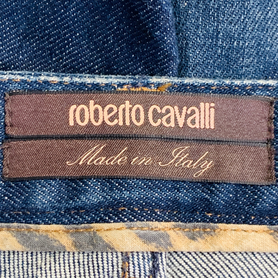 ROBERTO CAVALLI Size 2 Blue Cotton Blend Low Rise Studded Twill Flared Jeans