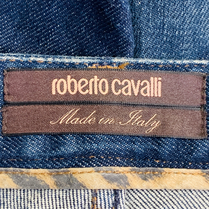 ROBERTO CAVALLI Size 2 Blue Cotton Blend Low Rise Studded Twill Flared Jeans