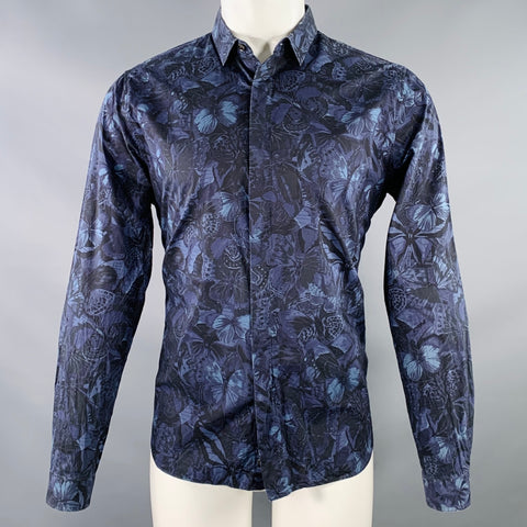 VALENTINO Size M Navy Blue Black Butterfly Cotton Button Up Long Sleeve Shirt