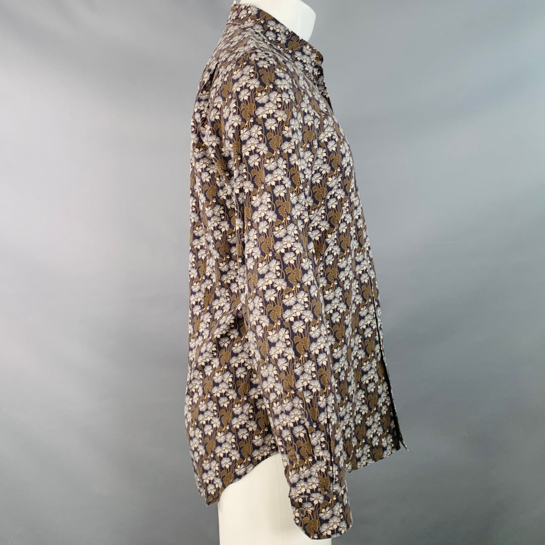 PAUL SMITH Size M Navy Brown Blue Floral Cotton Long Sleeve Shirt