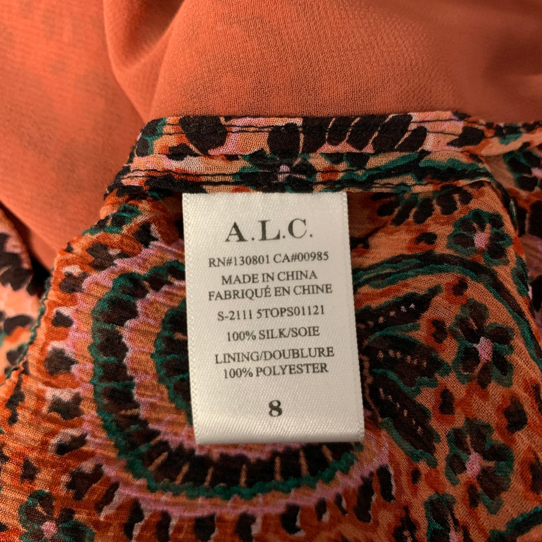A.L.C. Size 8 Orange Pink Silk Floral Neck Tie Top