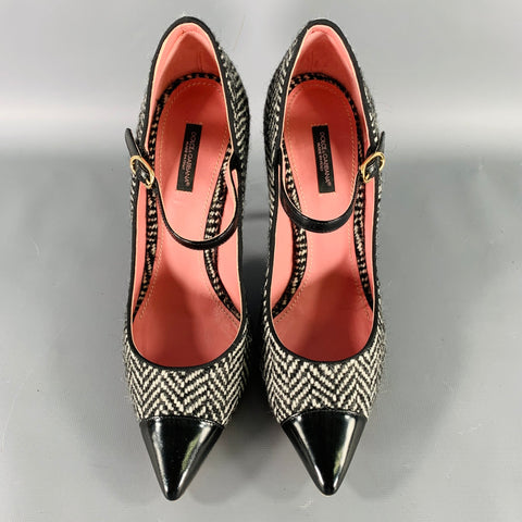 DOLCE & GABBANA Size 8.5 Black White Wool Herringbone Leather Trim Heels Pumps