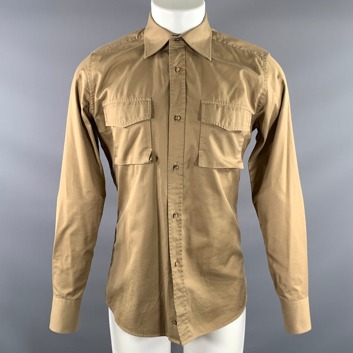 GUCCI Size M Khaki Tan Solid Cotton Pointed Collar Long Sleeve Shirt